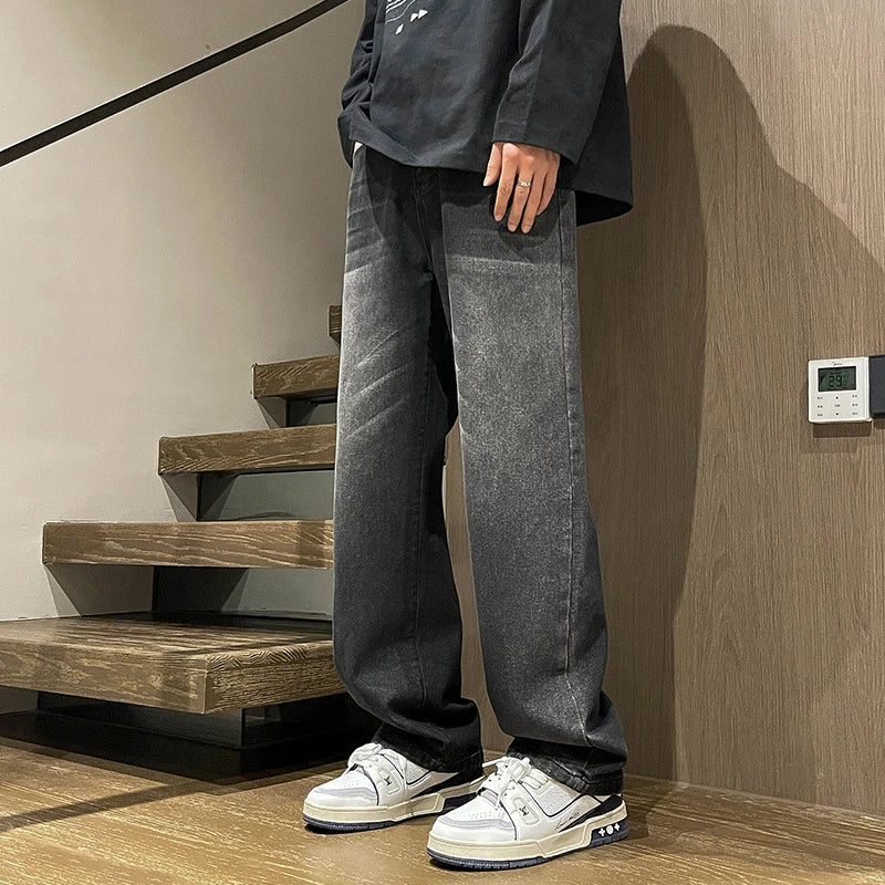 Summer Male High Street Gothic streetwear Gray Denim Pants Men Y2k 2000s Style Vintage Baggy Jeans Wide Leg Straight Trouser