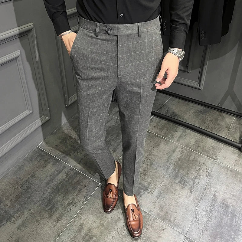 saferido Spring Summer New Plaid Dress Pants Men Clothing Business Formal Wear Slim Fit Office Trousers 36 38