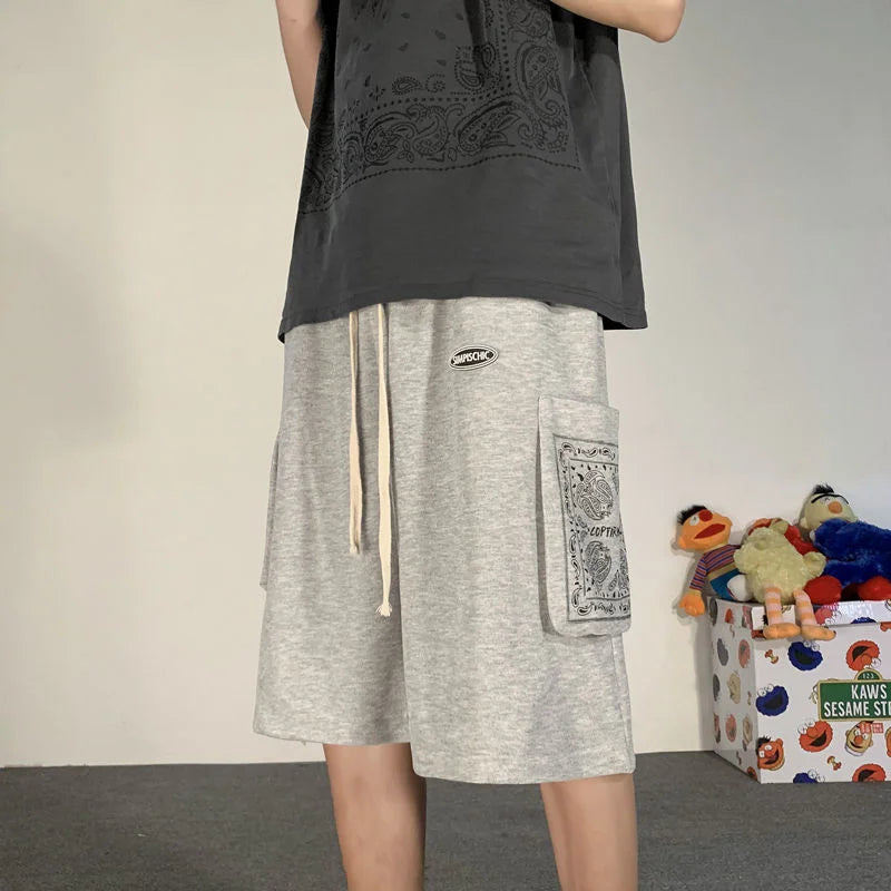 saferido Printed Big Pocket Casual Shorts for Men's Oversize Sports Straight Wide Leg Pants Loose Trend Five Points Sweatpants Summer