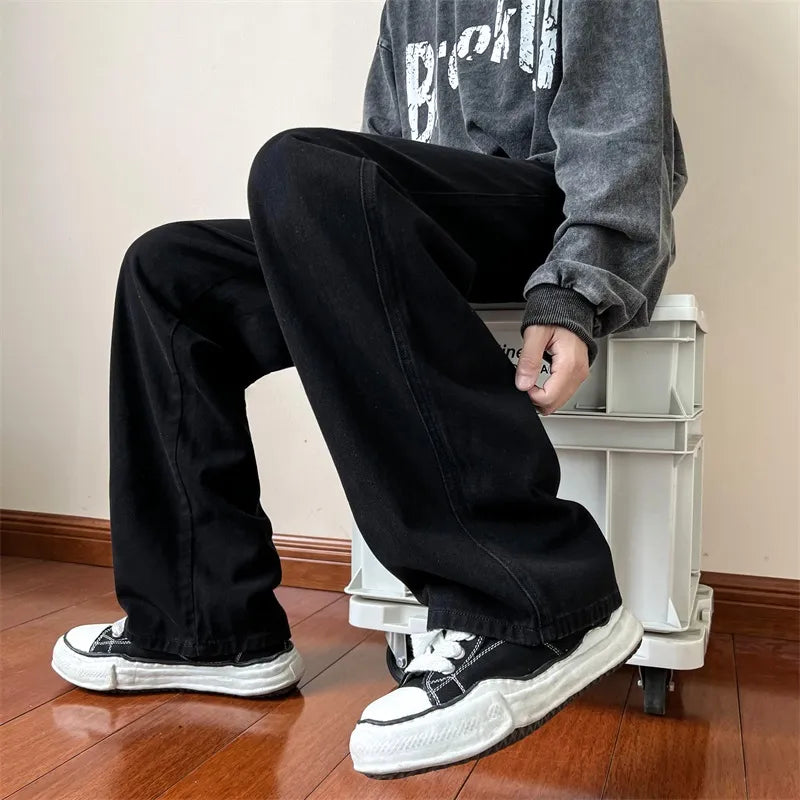 Men's Trendy Brand Loose Straight Leg Denim Pants Hip Hop Solid Color Casual Trousers Harajuku Male Bottoms
