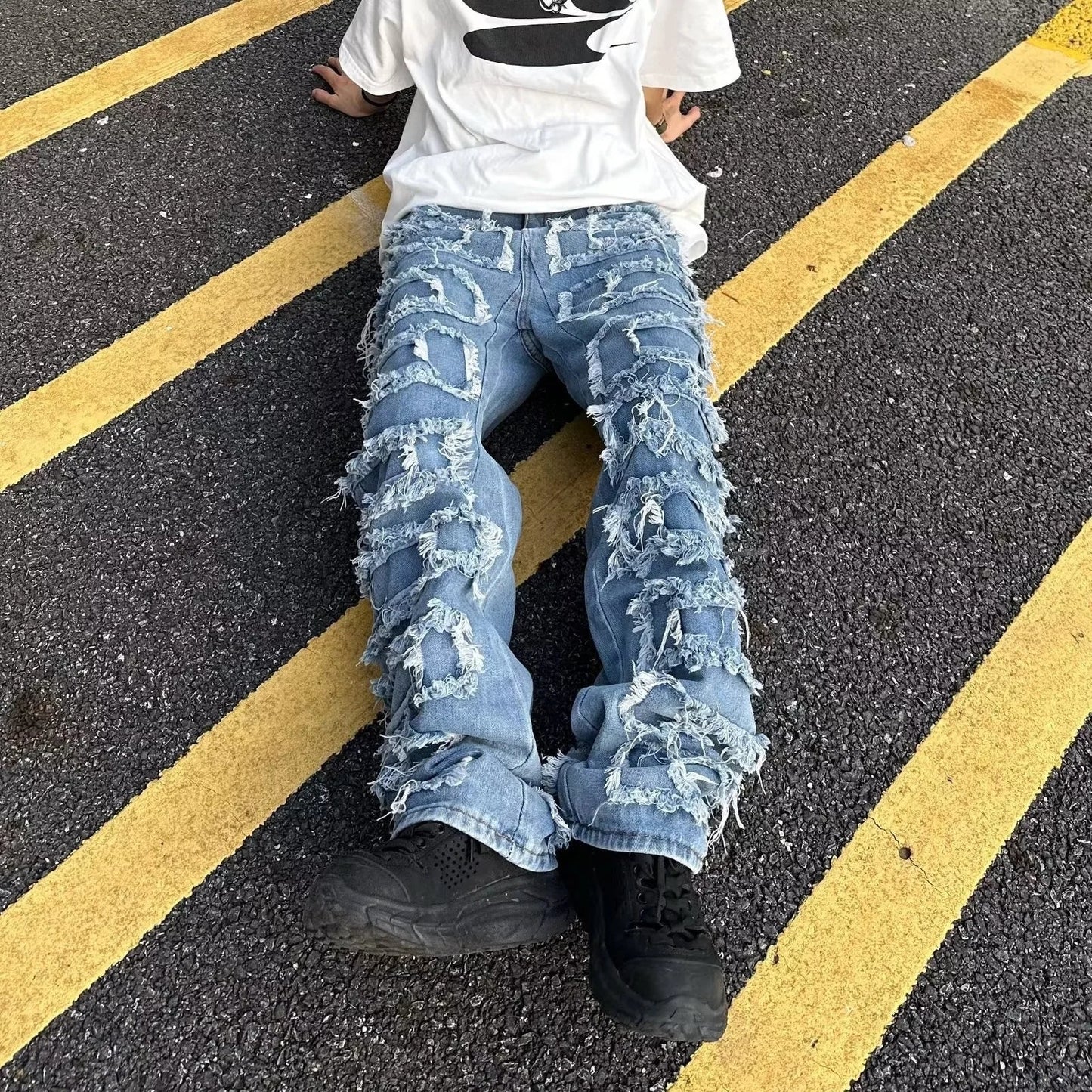 saferido Individualized patch jeans men American high street hip-hop fried street beggar pants blue loose small crowd mopping