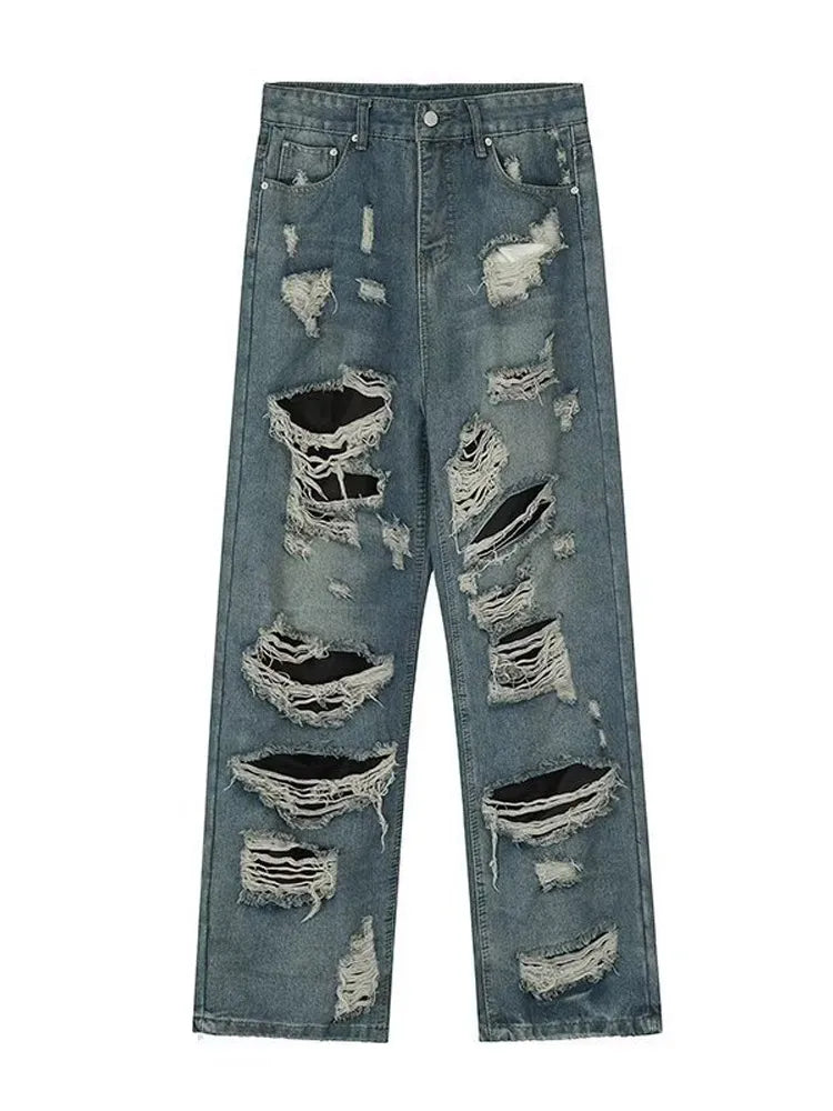 Straight Hole Beggar Zipper Long Pants Men Solid Streetwear High Waist Jeans Trousers Male Autumn Fashion Men's Clothing