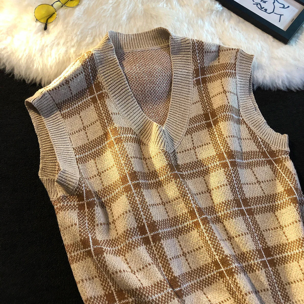 saferido Men's Knitted Sweater Vest Spring Autumn Casual Vest Korean Fashion Plaid Sleeveless Tops Knit Bottoming Shirt Male Clothes