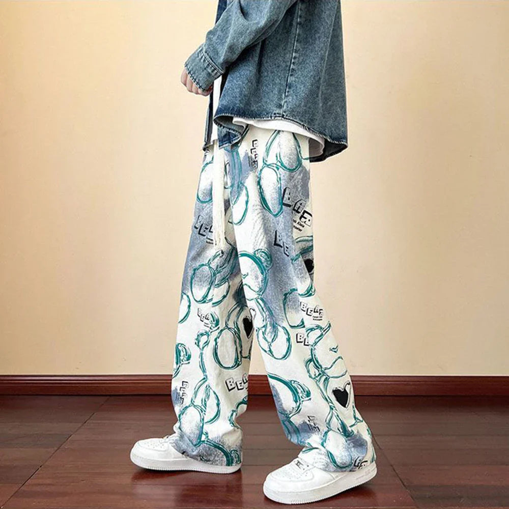 saferido American High Street Casual Pants Men's Tie-dye Bear Graffiti Casual Loose Wide-leg Pants Trendy Brand Niche Mopping Trousers