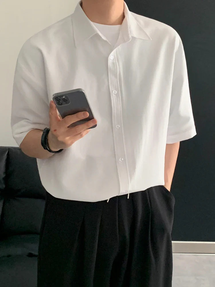 saferido Men Short Sleeve Shirt 2024 Summer New Korean Style Single Breasted Lapel Business Casual Top Solid Color Male