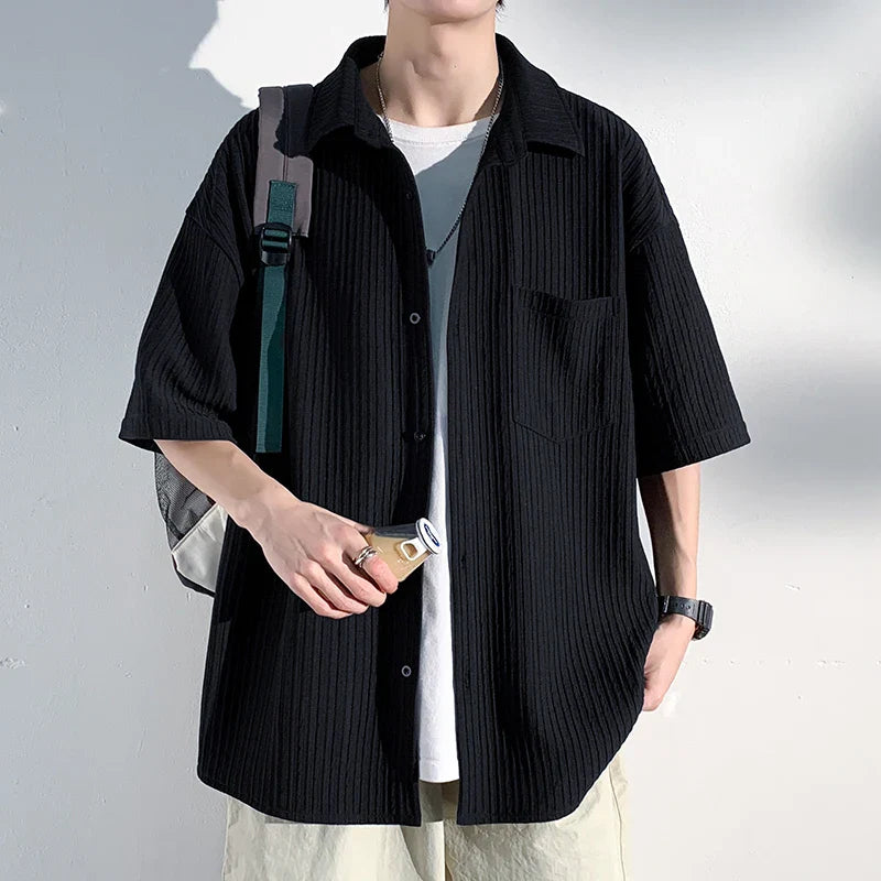 saferido Men's Short Sleeve Shirts Solid Color Blouses Fashion Streetwear Clothes College Style Tops Spring Summer Male Cardigan