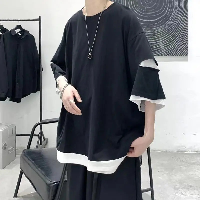 saferido Street Casual Fashion Loose Pullovers Patchwork T-Shirts Short Sleeve Man Spring Summer Thin Hooded Round Neck Men's Clothing