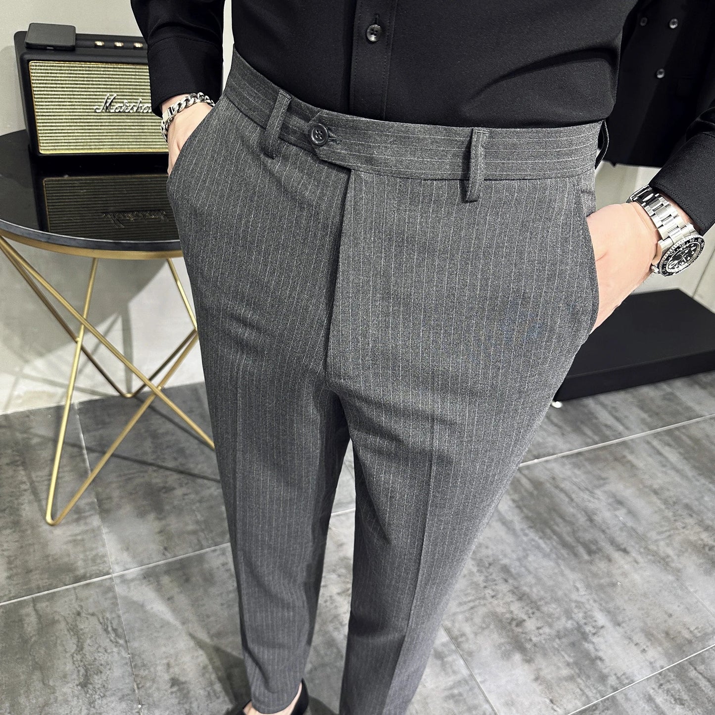 saferido Korean style Fashion Striped Suit Pants for Men Formal Business Dress Pants Korean Slim Fit Classic Casual Trousers 36 38