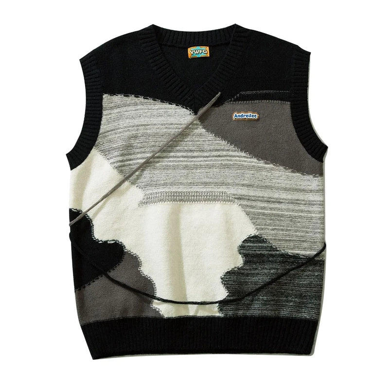 saferido Japanese Retro Knitted Vest Men V-neck Color Matching Wool Sleeveless Sweaters Causal Loosed Preppy Couple Knitwear Autumn New