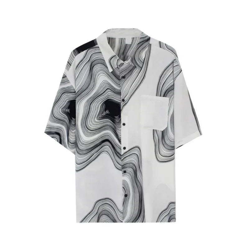 New Summer Design Irregular Silky Drape No-iron Lapel Shirt for Men Korean Fashion Texture Pattern Short Sleeve Men Shirts