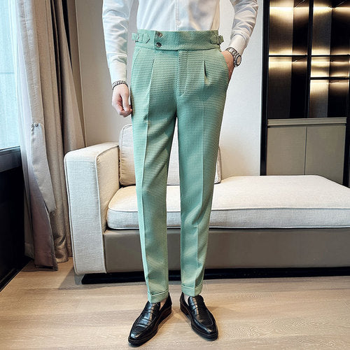 Autumn Winter Pantalones Hombre High waist Waffle Business Casual Suit Pants For Men Clothing Slim Fit Formal Wear Trousers 36