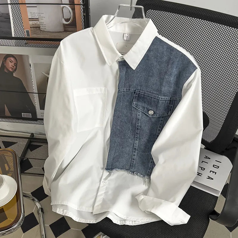 Daily Streetwear Mens Denim Patchwork Shirt Clothes Fashion Turn-down Collar Long Sleeve Button Shirts For Men Fall Casual Tops