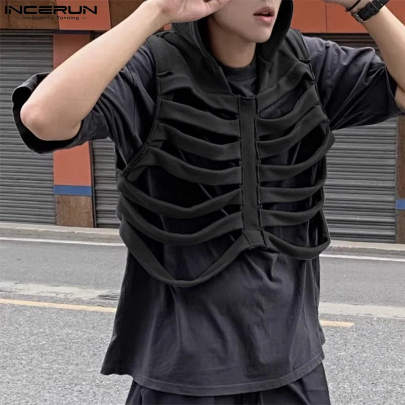 Fashion Casual Style Tops New Men's Funny Bone Deconstruction Design Vests Personality Solid Hooded Waistcoat S-5XL