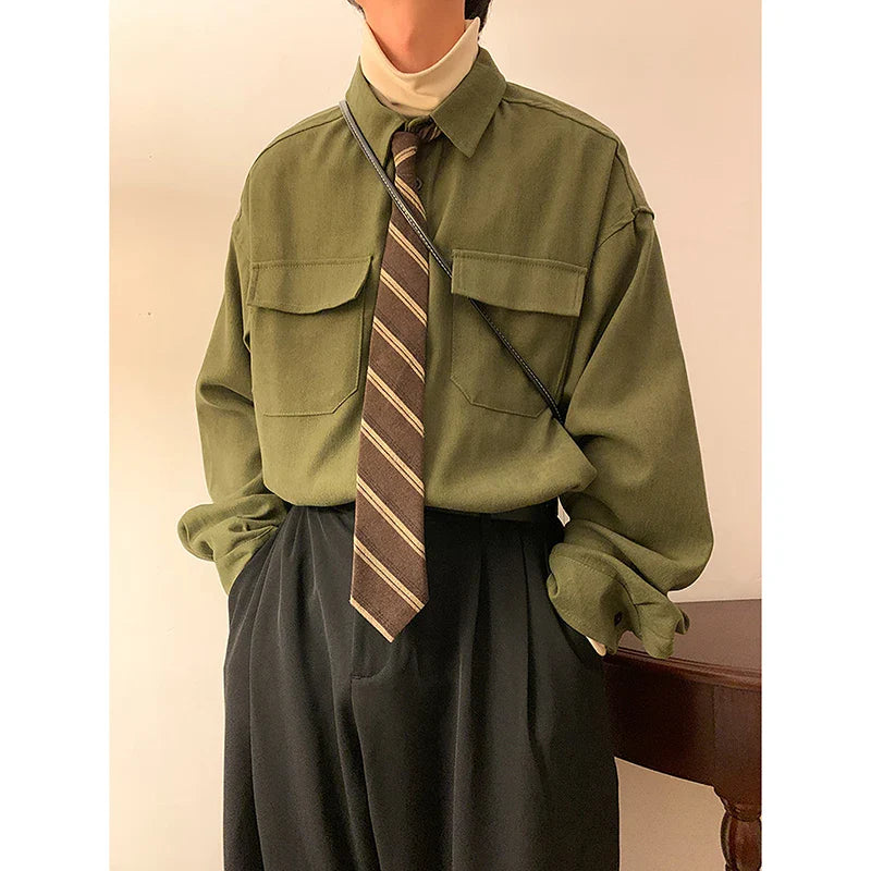 Spring Long Sleeved Shirt Men Fashion Retro Pocket Shirt Men Japanese Streetwear Loose Casual Shirt Mens Vintage Shirts M-3XL