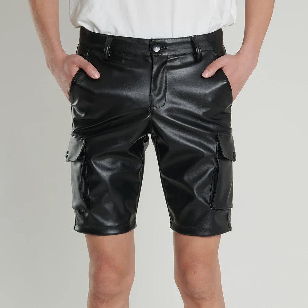 saferido New Solid PU Leather Pants Casual Men's Short Leather Pants Summer Fashion Club Punk Rock Shorts for Men Street LGBT Clothing
