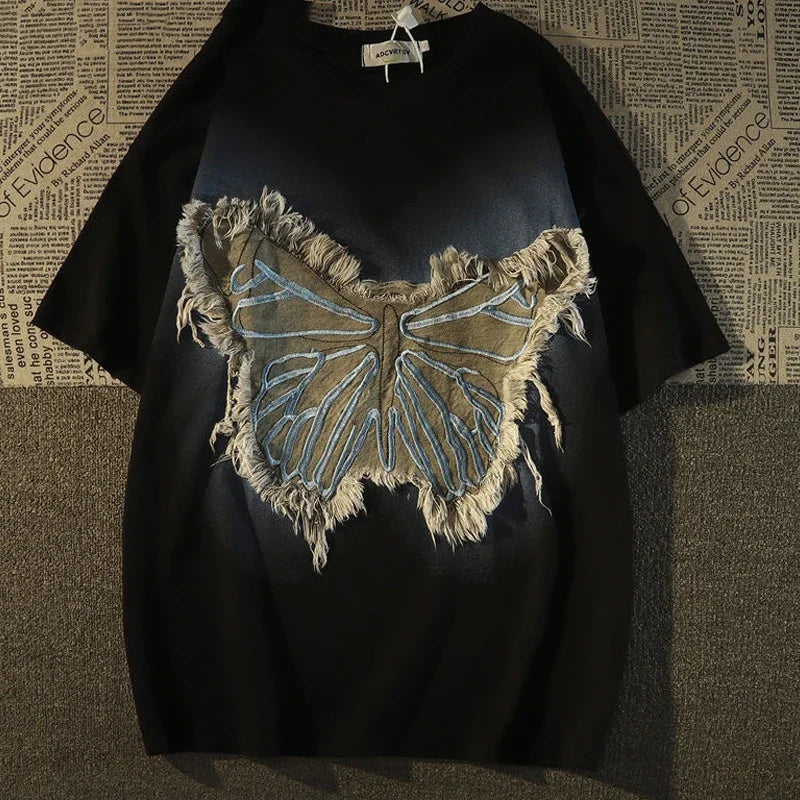 saferido American Vintage T Shirt High Street Patch Butterfly Short Sleeve O-neck T-shirt Men Women Oversize High Street Tops