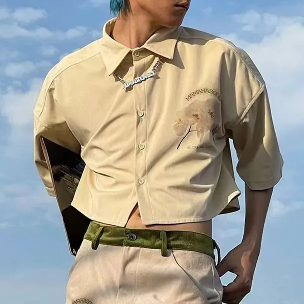 saferido Mens Y2k Floral Navel-Baring Graffiti Shirt 2024 Spring Summer New Genderless Fashion Streetwear Short-Sleeve Shirt Unisex