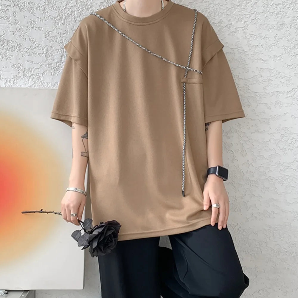 saferido Hip Hop T-shirts Men Simple Popular Korean Style Bandage Design Loose Individual Chic Comfortable Patchwork Students Summer Tees