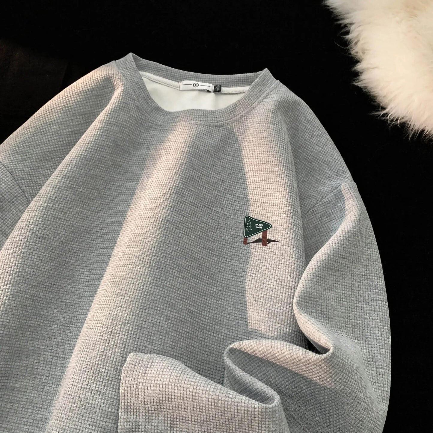 Graphic Print Waffle Sweatshirt For Men College Style Oversized Long Sleeve Pullovers Man Women Unisex Casual Sweatshirts