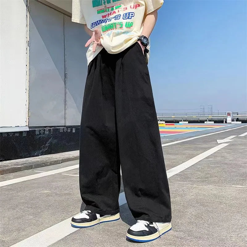 saferido Spring Cotton Wide Leg Pants Men Fashion Solid Color Casual Pants Men Streetwear Korean Loose Straight Pants Mens Trousers S-5XL