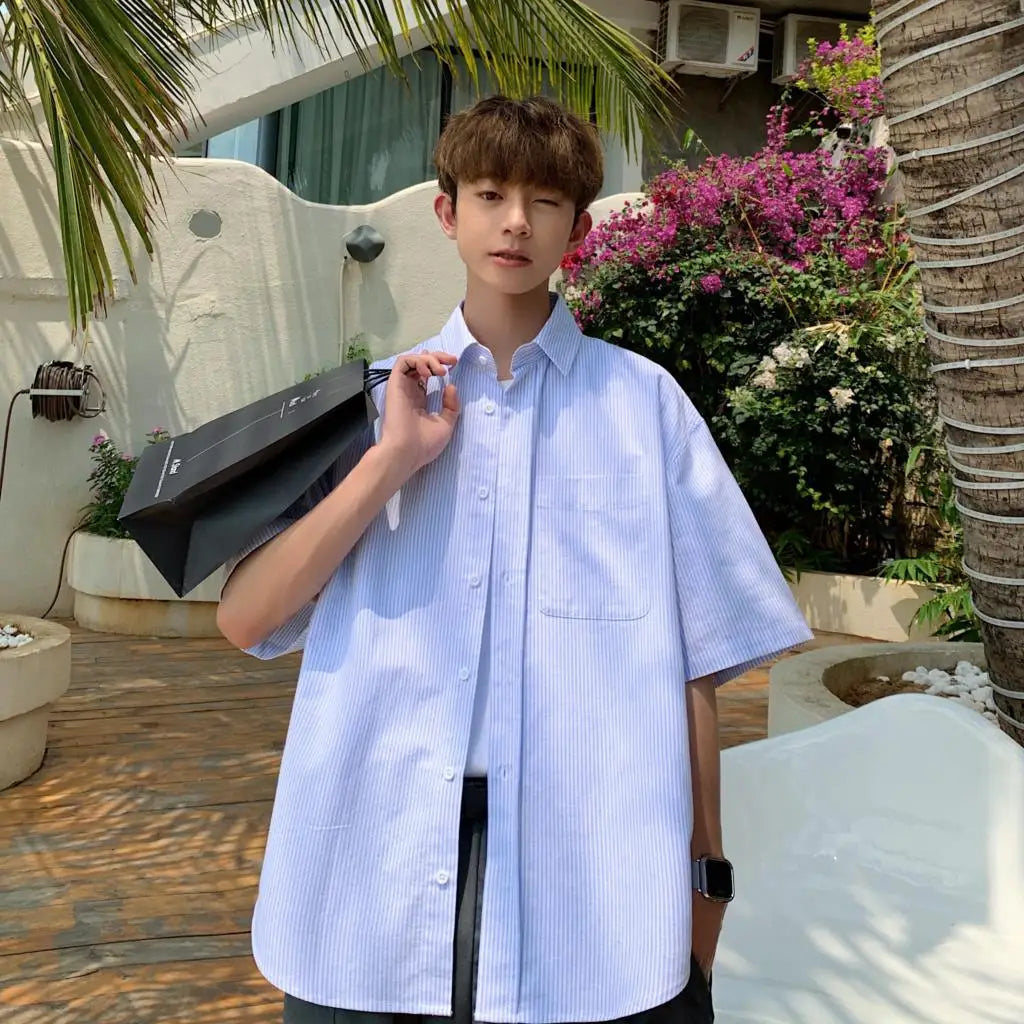 saferido -Youth Korean Fashions Cotton Striped Shirts Oversized Vintage Button Up Shirts Japanese Casual Short Sleeve Shirts