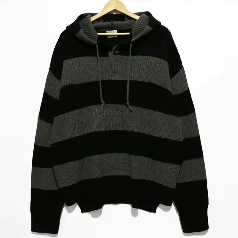 saferido Striped Sweater Men's Hoodies Autumn Winter Vintage Korean Knitwear Top Stripe Splicing Loose Knitted Sweater Pullover Jumper