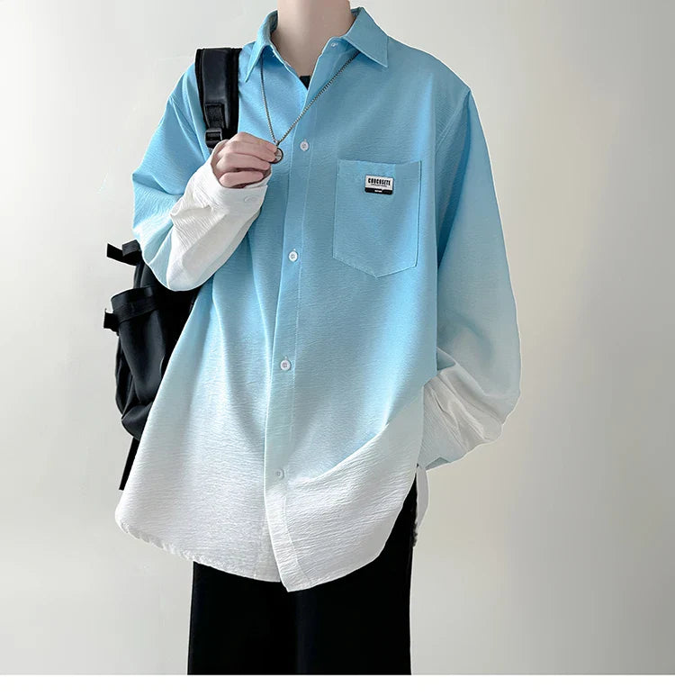 saferido Men's shirt Gradient Plicated Long Sleeve Shirts Loose Korean Shirt Fashion Casual Oversize Shirt Coat High Quality Clothing