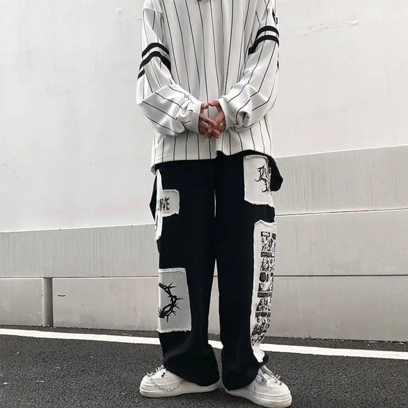 saferido Large Size Cargo Pants Men Spring Autumn Cartoon Patch Ins Fashion Casual Trousers High Street Harajuku Streetwear Male Clothes