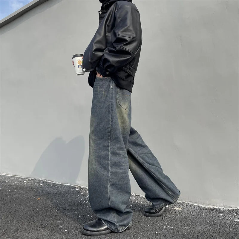 saferido Vintage Men's Jeans Spring New Distressed Denim Straight Loose Pants High Street Male Casual Simple Daily Wide Leg Trousers