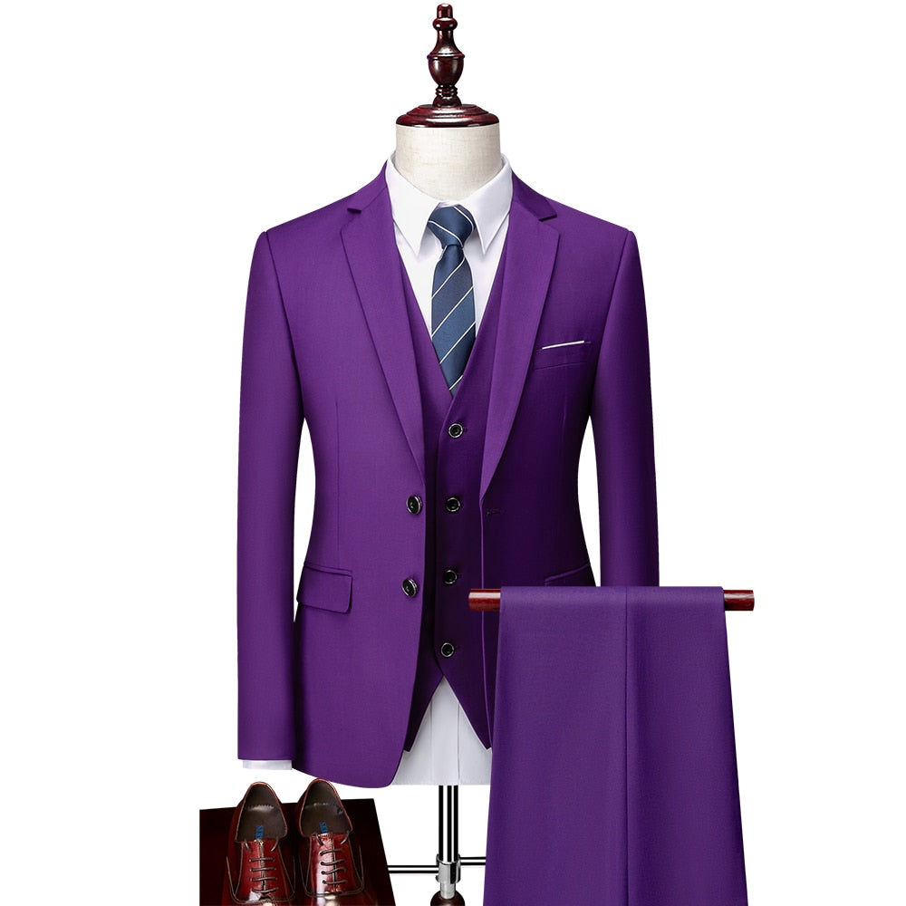Men Slim Business Casual Suits Dress Three-piece Set Jacket Pants Vest / Male Wedding Groom Blazer Coat Trousers Waistcoat