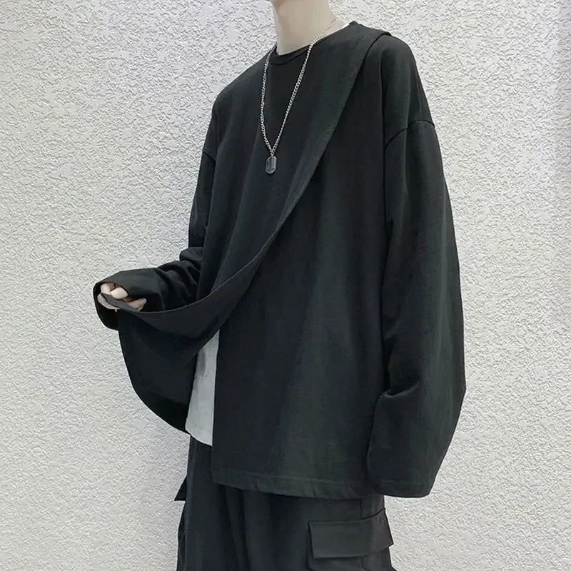 saferido men t-shirts Spring Hong Kong style long sleeve T-shirt Korean handsome loose slit top trend printing oversize man clothes