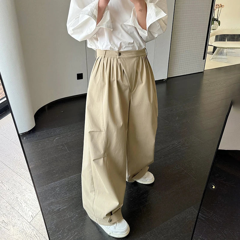 saferido Original Pleated Splicing Design Plain Straight Pants 2024 Spring New Men's Fashion Loose Street Wide Leg Trousers
