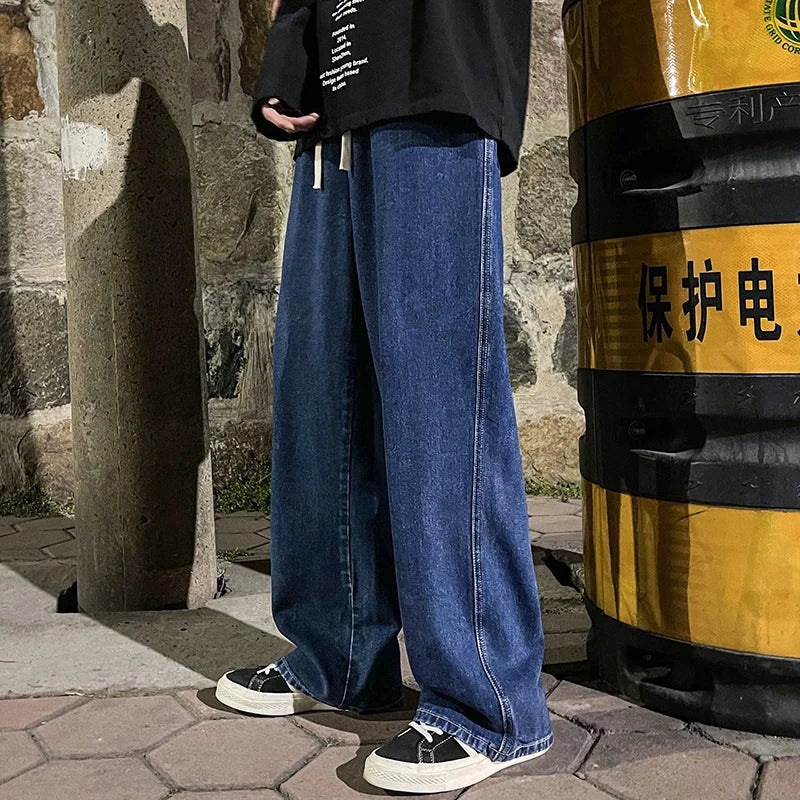 saferido Korean Fashion Men's Baggy Jeans Elastic Waist Classic olid Color Straight-leg Denim Wide-leg Pants Male Light Blue Grey Black