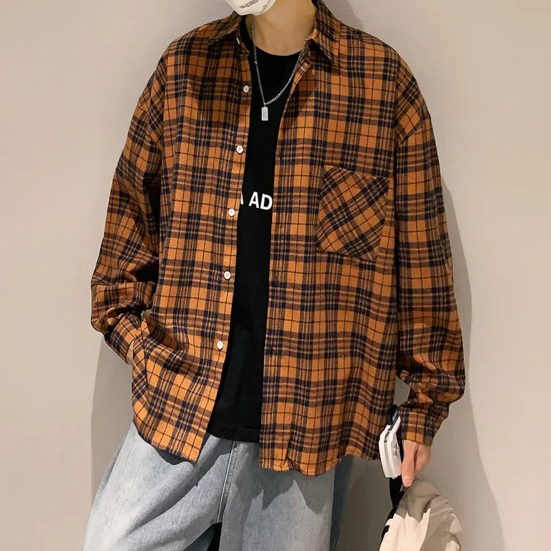 saferido Japanese Retro Fashion Spring Plaid Shirt Men Long Sleeve Plaid Shirt 100% Cotton Men's Casual Baggy Button Up Tees Shirt