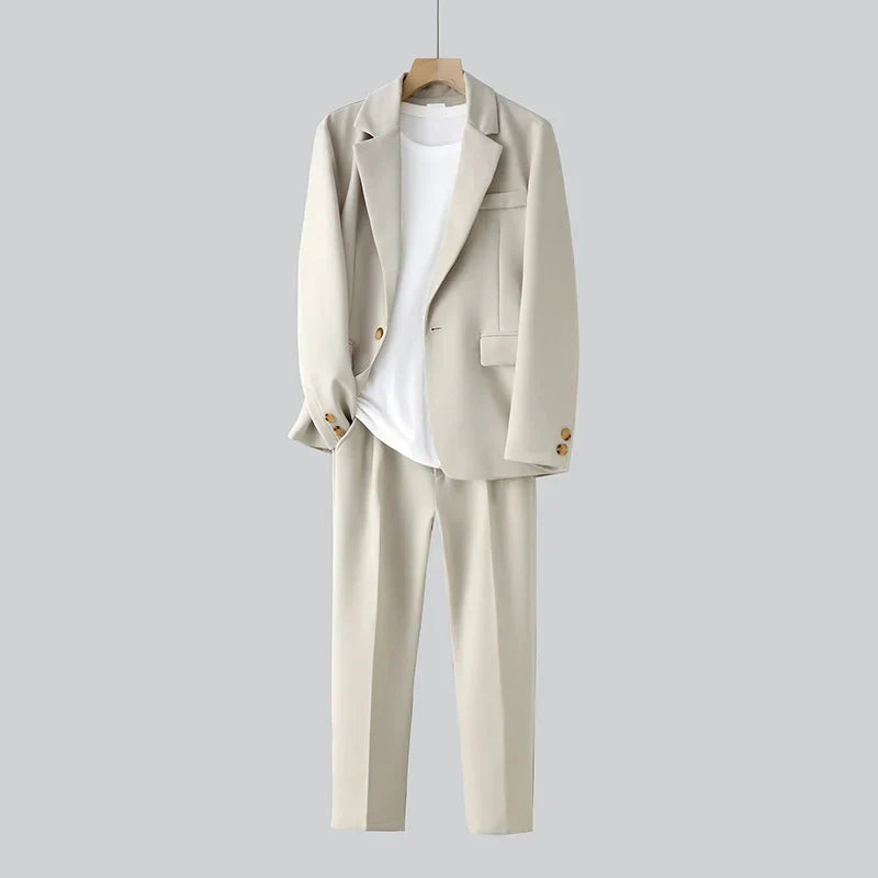 Beige Suit Men Fashion Society Men Dress Suit Korean Loose Casual Blazer/Pants Two Piece Set Mens Office Formal Suit M-3XL