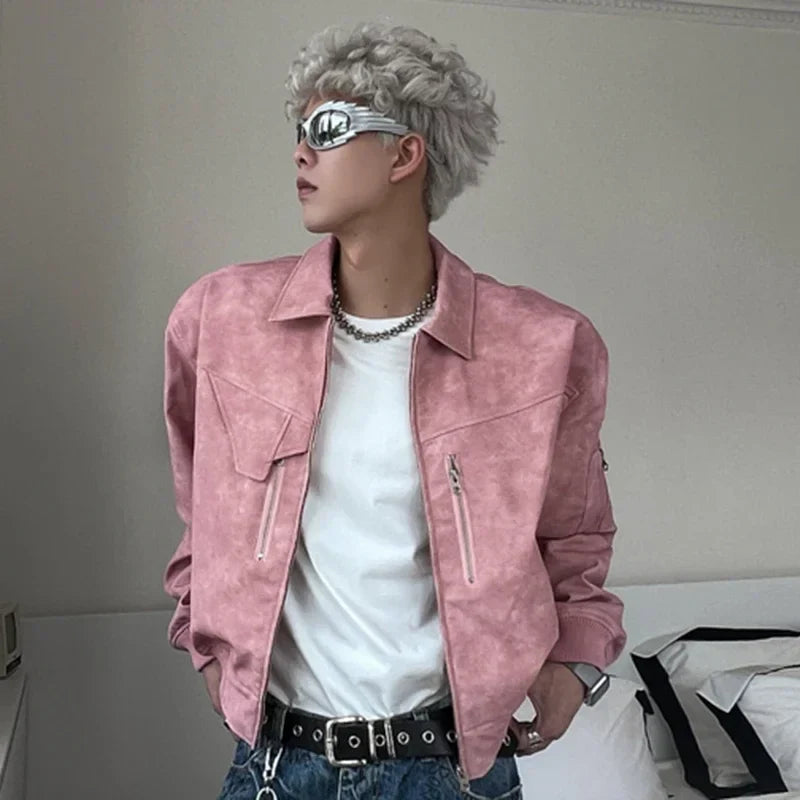 saferido Mens Cropped PU Leather Jacket Fashion Turn-down Collar Gradient Color Retro Coat Zipper Men's Motorcycle Outwear Spring Pink