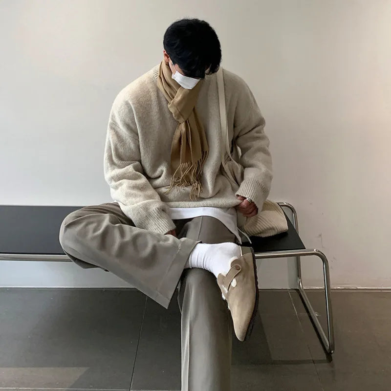 Winter Round Collar Mohair Solid Color Sweater Loose Korean Style Vintage Kintted Sweater Pullover Men Clothing