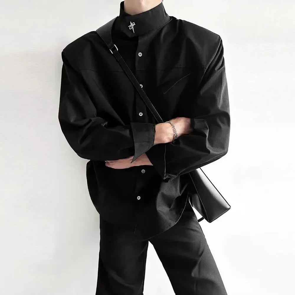 saferido Y2K Mens Shirt Pocket Retro Button Padded Shoulder Long Sleeved Shirt Spring Casual Simple Anti-Static Top Men's Clothing Unisex