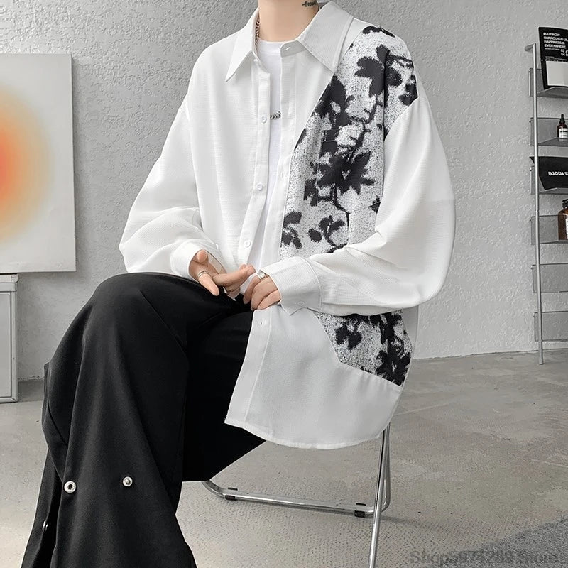 saferido Spring Autumn Long Sleeve Print Shirt Man Black/White High Street Fashion Casual Button Patchwork Harajuku All-match Blouse