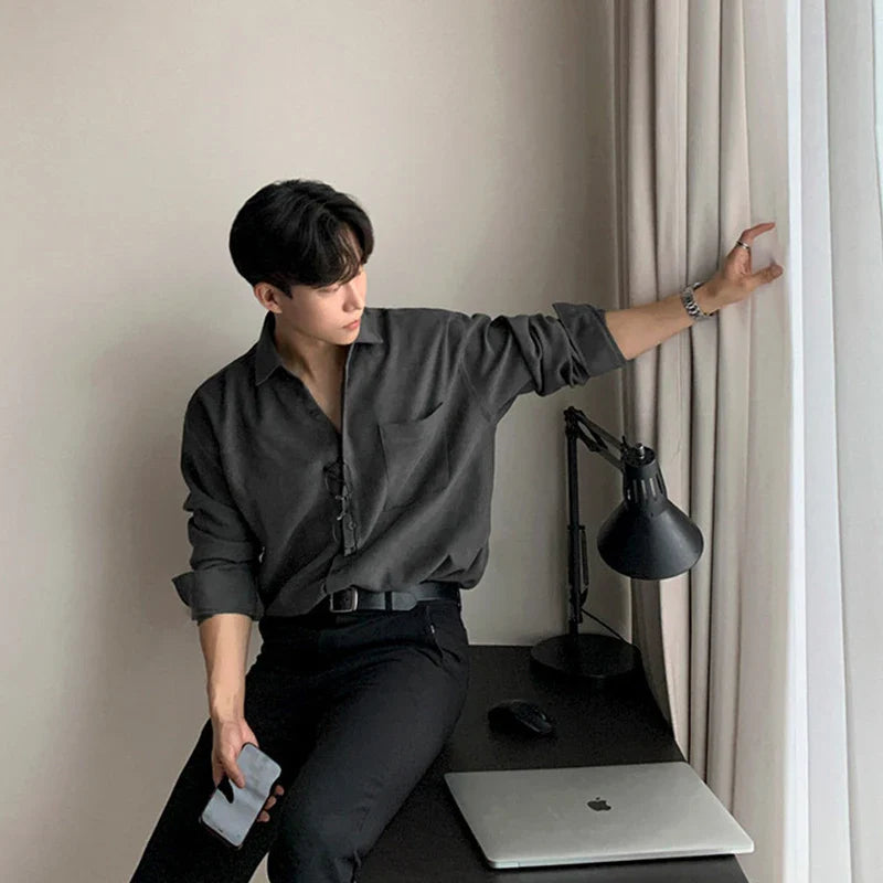 Autumn Clothing Men's Casual Korean Vintage Shirts Buttons Turn Down Collar Long Sleeve Solid Color Luxury Premium Clothes New