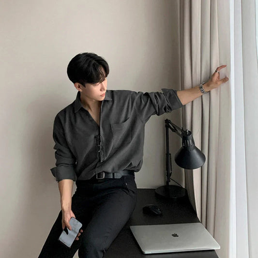 Autumn Clothing Men's Casual Korean Vintage Shirts Buttons Turn Down Collar Long Sleeve Solid Color Luxury Premium Clothes New