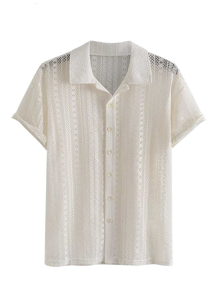 Cotton Sheer Openwork Shirts for Men Sexy Lace Short Sleeves Transparent Shirt Summer Solid Streetwear Tops
