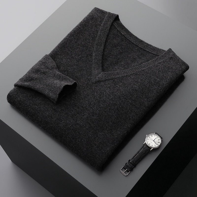 Merino Wool Sweater Men's V-neck Pullover Top Autumn Winter Knitted Casual Loose 100% Pure Wool Jacket