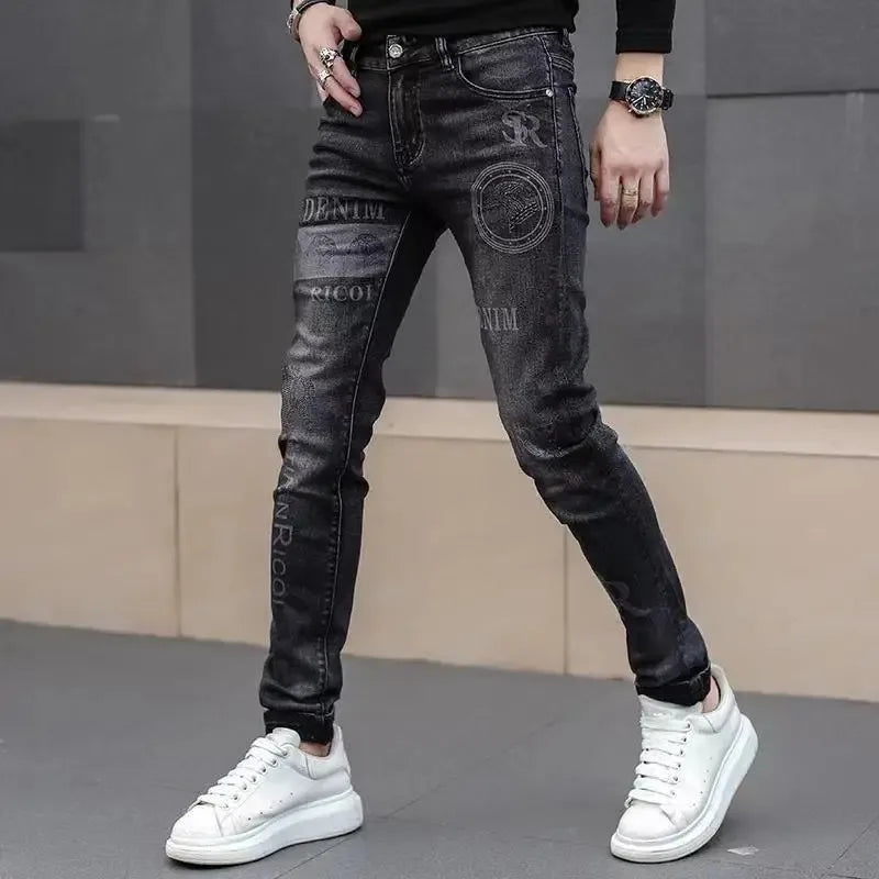 saferido Mens Denim Print Pants Jeans Korea Slimming Trendy Casual Jeans All-match Streetwear Light Luxury Men Jeans Pants for Men