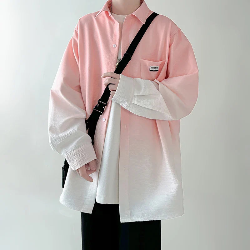 saferido Men's shirt Gradient Plicated Long Sleeve Shirts Loose Korean Shirt Fashion Casual Oversize Shirt Coat High Quality Clothing