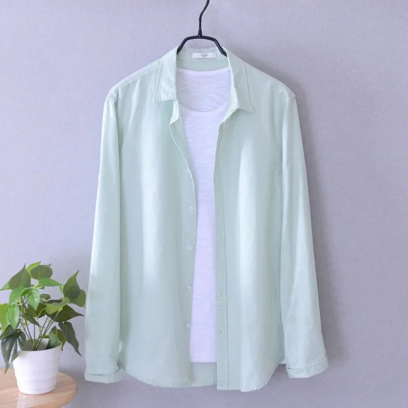 spring autumn new men's shirts fashion lapel casual long-sleeved cotton and linen shirts loose breathable linen shirts