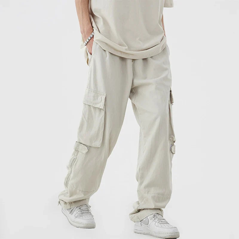 saferido Men Vintage Cargo Pants 2024 Spring Fashion Solid Pocket Simple Casual Loose High Street High Waist Male Straight Leg Trousers