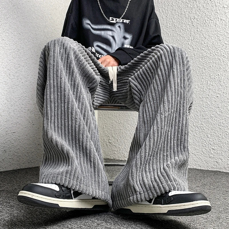 saferido Corduroy Pants Men's Straight Pants Solid Color Drawstring Unisex Wide Leg Oversized Trousers Casual Japanese Style Male Pants
