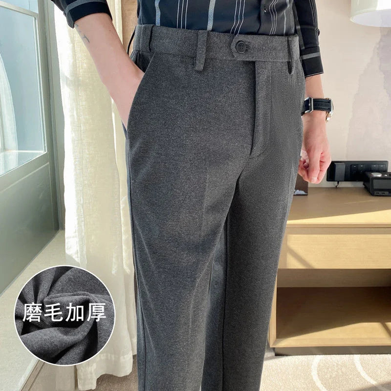 saferido Thick Men's Suit Pants Autumn Winter Brushed Woolen Loose Slim Solid Youth Pants Trend Casual Business Pencil Trousers Oversized