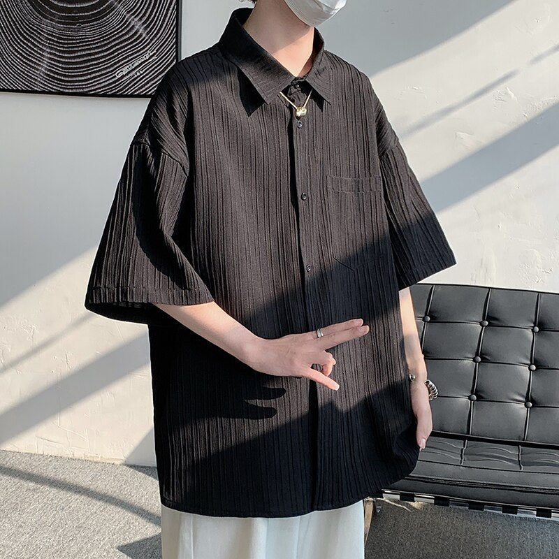 Summer Ice Silk Vertical Stripe Shirt Men Summer Short Sleeve Lapel Shirts Blouse Top Loose Casual Men Clothing Camisas
